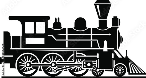 Vector design featuring a classic steam locomotive rendered in solid black silhouette, nostalgic retro look 