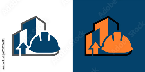 Construction hard hat and building logo. Real estate house icon symbol design. Industrial engineering style. Vector illustration isolated on white background.