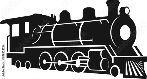 Vector design featuring a classic steam locomotive rendered in solid black silhouette, 