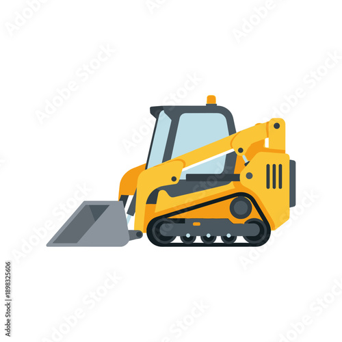Yellow compact tracked loader with bucket, isolated on white background.