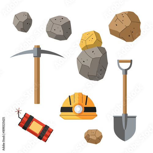 Mining Tools and Ore: Pickaxe, Shovel, Hard Hat, Dynamite, Rocks, Gold