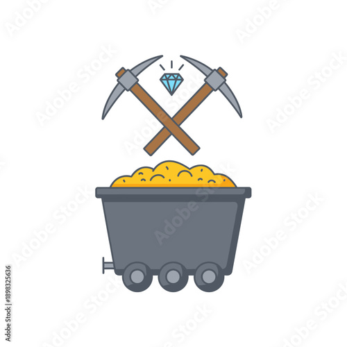 Diamond Mining Cart with Pickaxes and Gemstone Icon