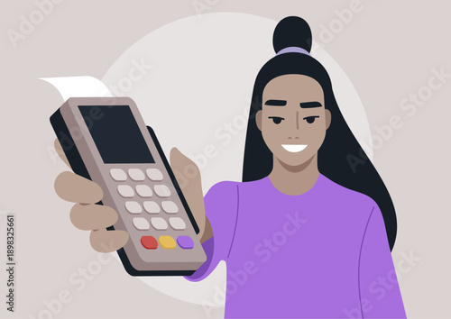 A cashier confidently holds a sleek POS terminal, ready to assist customers with fast and efficient payment processing in a vibrant retail environment.