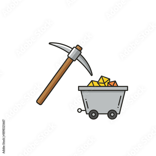 Pickaxe and Mining Cart Full of Gold Nuggets, Flat Design