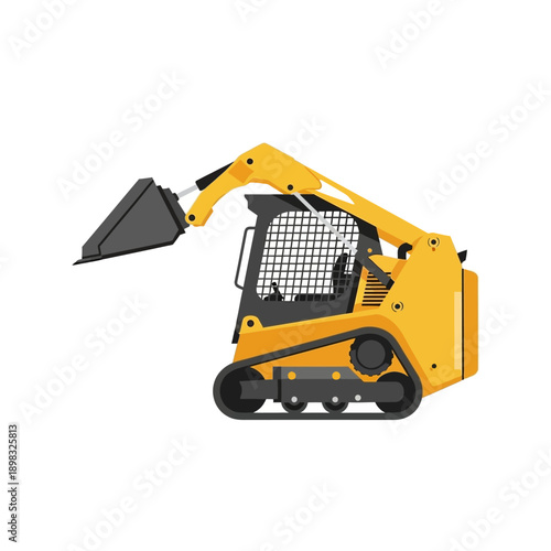 Yellow compact tracked loader with bucket raised, isolated on white background.