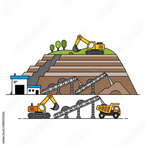 Mining operation with excavators, dump truck, conveyor belts, and mine building
