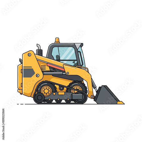 Yellow Skid Steer Loader with Tracks and Bucket, Construction Machine Illustration