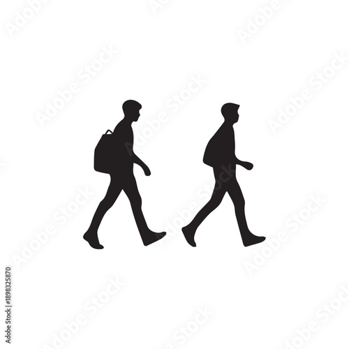 Two silhouettes of men walking with backpacks, casual travelers, friends on journey, people walking on path, outdoor activity, simple human figures