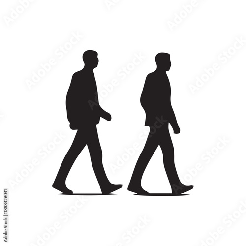 Two men silhouettes walking in side view, business people or pedestrians on white background, professional look