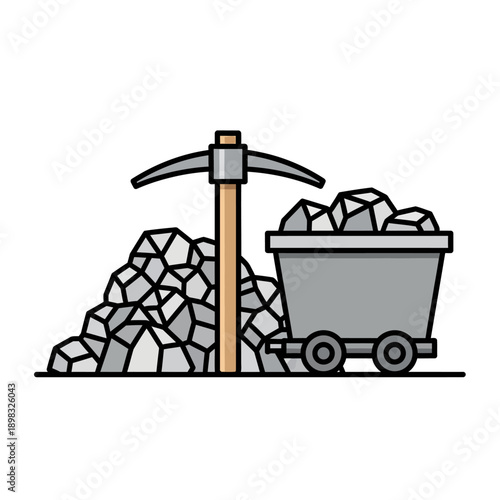 Mining Cart and Pickaxe with Pile of Rocks - Flat Design Illustration
