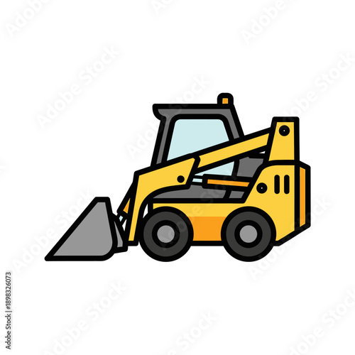 Yellow compact excavator with bucket, isolated on white background