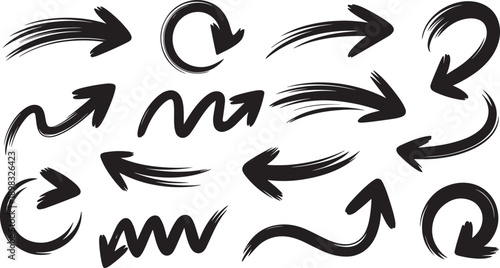 A collection of black grunge brush stroke arrows in various dynamic shapes and orientations, including straight, curved, zig-zag, and circular forms