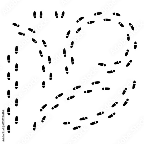 Footprint trail vector set isolated on white. Black shoe print paths for detective investigation and journey tracking, mystery-themed graphics