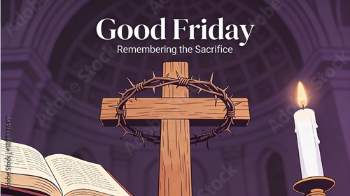 Good Friday Illustration: Crown Of Thorns And Cross, Remembering The Sacrifice, Church Background, Religious Holiday Banner Design
