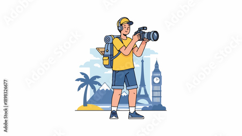 A traveler with a camera, surrounded by famous global landmarks