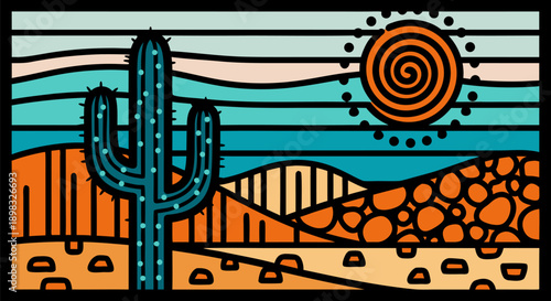 Vibrant desert landscape vector illustration featuring a stylized saguaro cactus, minimalist sun, and rolling hills under a colorful sky, perfect for graphic design elements and outdoor themes