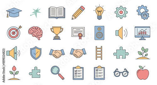 Education and Business Icons Set: Knowledge, Success, Innovation, Growth, Teamwork, Learning