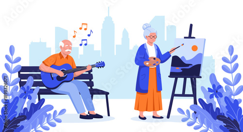 Senior couple enjoying creative hobbies, playing guitar and painting outdoors, a vibrant flat vector illustration depicting active retirement leisure life