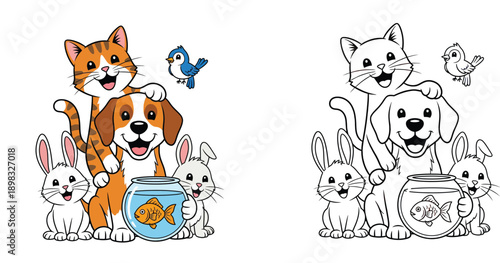 Cute cartoon pets group containing cat, dog, bird, rabbits, and fish with black and white outline version for coloring book.