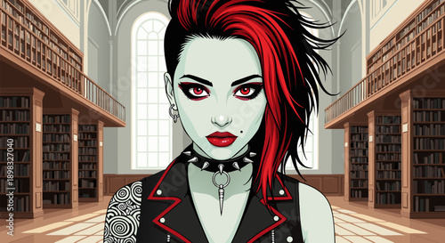 Edgy alternative woman with vibrant red and black hair stands confidently in a classic library setting, a unique vector illustration of rebellious style and intellect