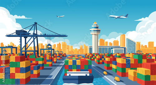Global logistics vector illustration. Busy container port, cargo ship, city skyline. International trade and modern transport