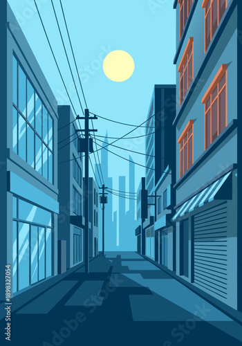 Serene vector illustration of an urban street at twilight, depicting modern city architecture, power lines, and a peaceful full moon illuminating the quiet alleyway