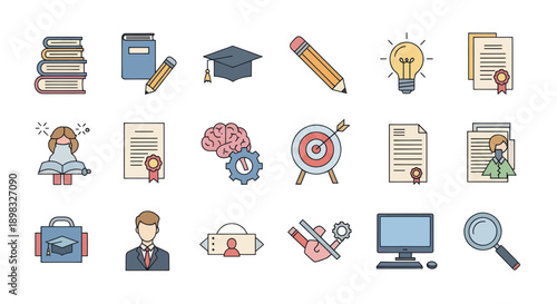 Education & Learning Icons: Books, Graduation Cap, Lightbulb, Brain, Computer, Magnifying Glass