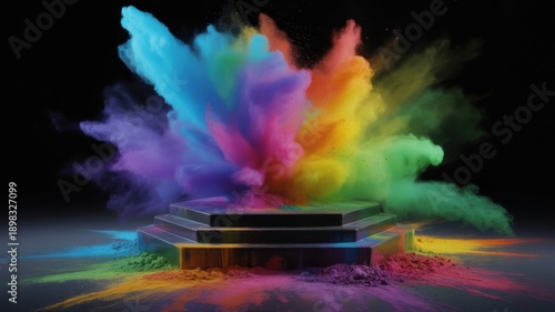Empty tiered pedestal with massive colorful holi powder splash on dark background