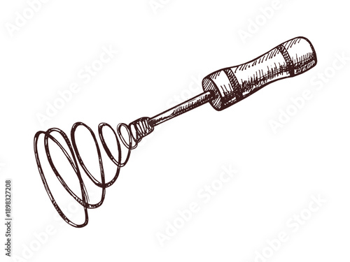 Hand drawn vintage sketch of spiral wire whisk with wooden handle for cooking and baking, monochrome kitchen illustration