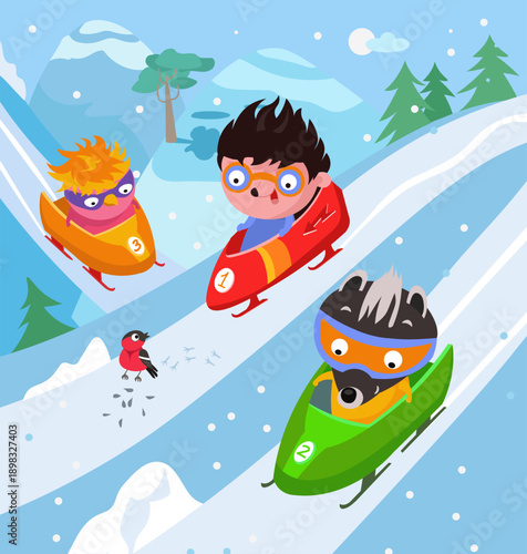 Cute characters on sleds. Scene in mountains with snow. Bobsleigh and winter competitions. Vector flat illustration on background for children book.