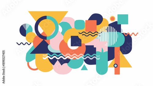 A vibrant abstract composition with various geometric forms and colors