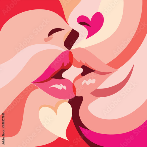 A vibrant abstract illustration of two kissing faces with hearts
