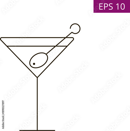 An outline traditional martini icon on white isolated background. Popular alcohol cocktail with a single olive in a stylish glass.