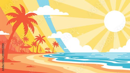 A vibrant beach scene with a bright sun, palm trees, and ocean waves