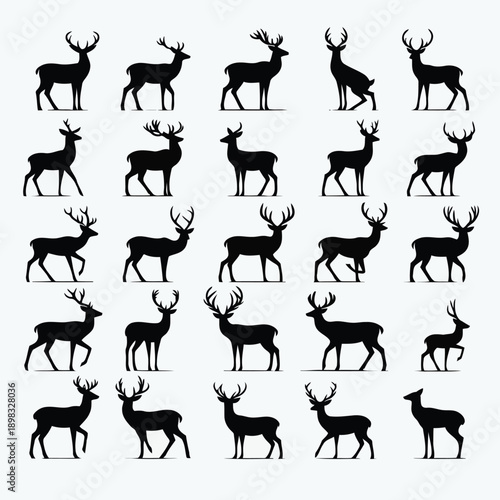 A collection of black silhouettes depicting deer in various walking and standing poses