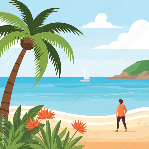 A vibrant beach scene with a palm tree, flowers, and a person