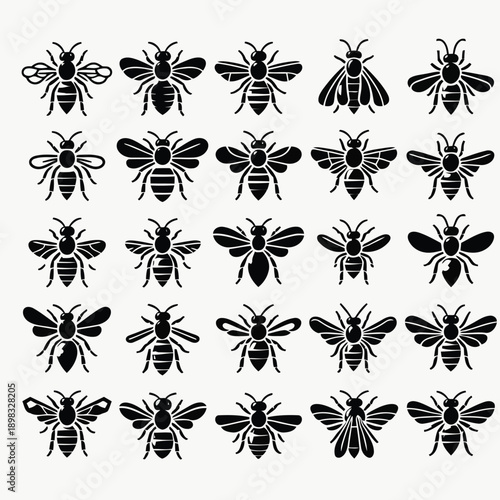 A collection of stylized black bee illustrations arranged in a grid pattern on white