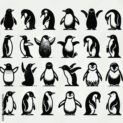 A collection of stylized penguin silhouettes in various poses and orientations displayed neatly