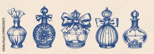 vintage rococo perfume bottle illustrations, hand drawn engraving style, delicate line art, ornate glass bottles with bows and ribbons, antique luxury aesthetic, monochrome blue ink on warm cream pape