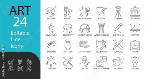 Art and creativity line icon set. Contains symbols for music, dance, painting, literature, cinema, and design. Editable stroke vector outline for branding, education, and creative projects.
