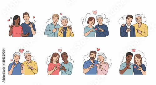 Illustrated diverse couples making hand heart gestures, symbolizing love. Generations, ethnicities portray diverse couples, celebrating unity, connection. Diverse couples concept for dating apps,