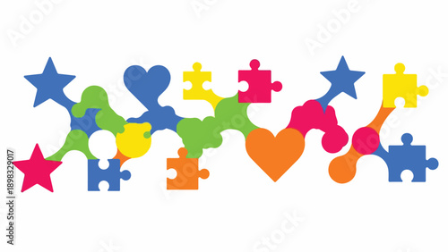 A vibrant, colorful collection of puzzle pieces, stars, and hearts