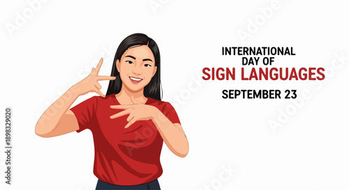 Illustration showing young woman making hand gestures for Sign Languages Day, smiling female communicating important message, promoting deaf community awareness.