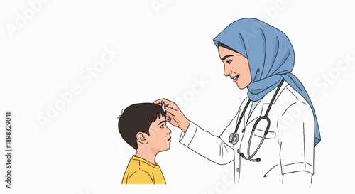Female doctor performs routine child checkup, gently examining young boy. Medical professional in hijab, white coat, stethoscope conducts thorough child checkup, focusing on health and well-being.