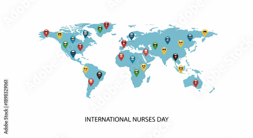 World map displaying colorful pins, symbolizing International Nurses Day global celebration for healthcare heroes. International Nurses Day represents unity among medical professionals,