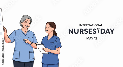 International Nurses Day illustration features two nurses collaborating. Medical professionals honor International Nurses Day, displaying care and teamwork.