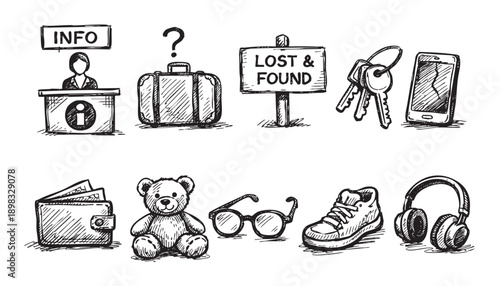 Hand-drawn illustration of lost objects: wallet, teddy bear, glasses, shoe, phone, keys, luggage, info, and headphones. Ideal for concepts regarding finding lost items, memory loss, or forgetfulness.