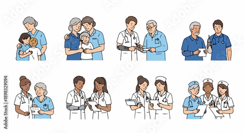 Diverse medical professional characters in minimal line art illustrations, showing doctors and nurses collaborating. Medical professional scenes include patient care, comforting child,