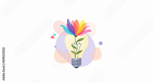Green innovation: lightbulb with growing plant and colorful flower inside, depicting sustainable development. This green innovation represents ecological solutions and environmental progress.