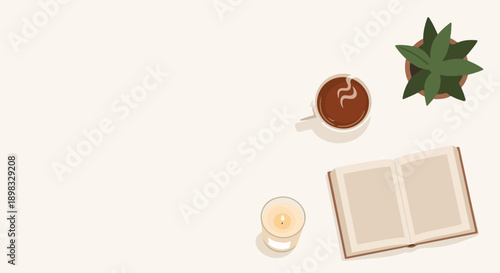 Cozy desk setup with warm coffee, open book, and small houseplant on bright background. Minimalistic cozy desk setup includes lit candle, inviting space for relaxation or focused study.